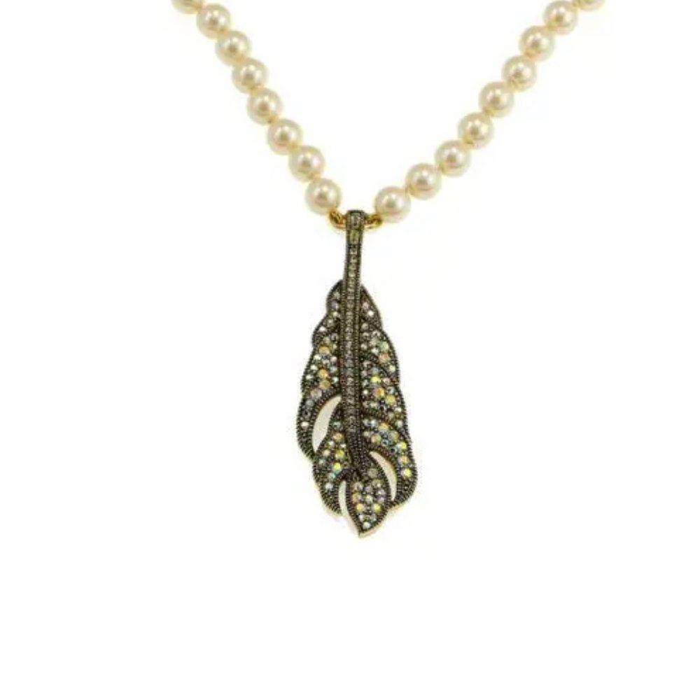 Heidi Daus "Stroke of Fabulous" Beaded Crystal Feather Drop Necklace - Picture 2 of 3